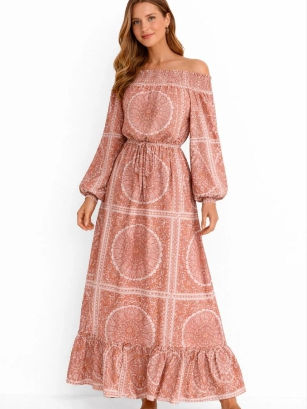 Off-Shoulder Boho Medallion Print Dress in Dusty Rose